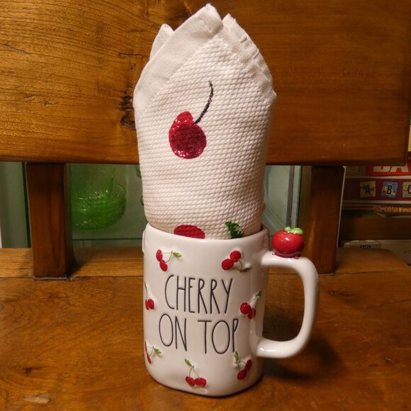 Rae Dunn, Kate Spade ceramic Cherry on Top mug and matching kitchen towel - Picture 2 of 11